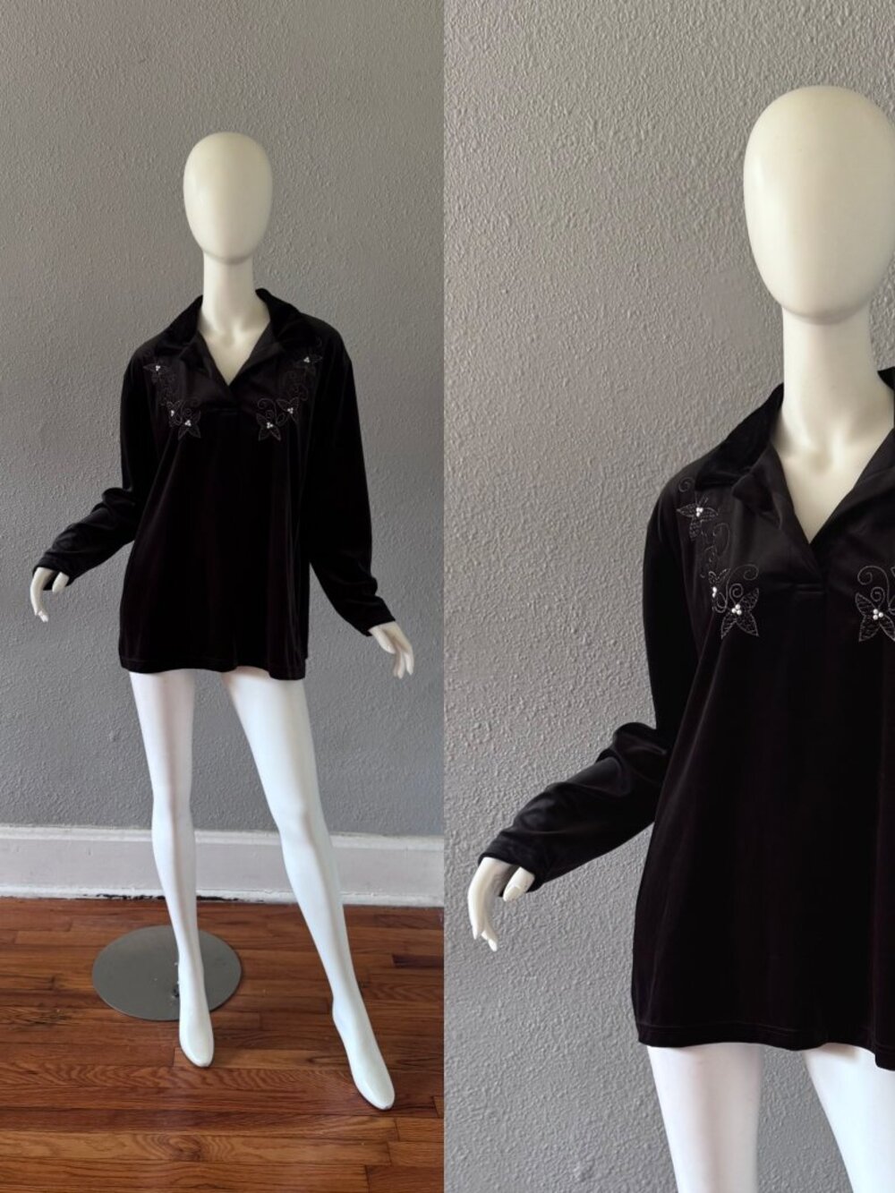 Vintage 90s Black Velour Long Sleeve Top Blouse XL
